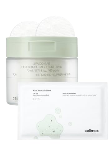 celimax Ji.Woo.Gae Cica BHA Blemish Toner Pad (60 Pads) + The Real Cica Calming Ampoule Mask 27ml (5EA) Bundle