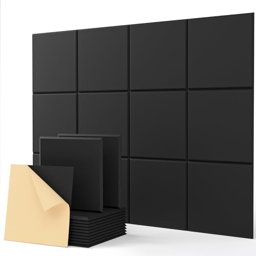 Acoustic Panels Self-Adhesive, Soundproof Wall Panels Square, High Density Sound Absorbing Panel, Sound Proof Panels for Walls Home Office, Reccording Studio, Ceiling 12" X 12" X 0.4" Black