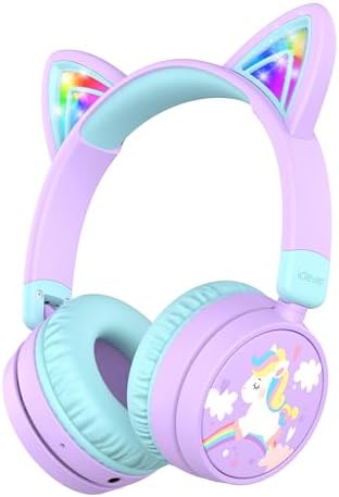 iClever Kids Bluetooth Headphones,Light Up Cat Ear,Safe Volume 74/85dBA,60H Playtime,Bluetooth 5.3,USB C Charging,Wireless Kids Headphones AUX Cord for iPad Travel,Meow Cookies (Purple/Green)