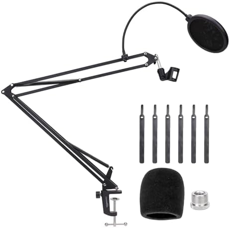 Amazon Basics Adjustable Microphone Stand, Pop Filter, Windscreen, for Blue Yeti, Snowball, Shure, Audio-Technica, other Mics, 19 inch