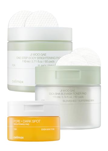 celimax ONE STEP Body Brightening Pad 110ml (60 pads) + Ji.Woo.Gae Cica BHA Blemish Toner Pad (60 Pads) + Ji.Woo.Gae Pore+Dark Spot Brightening Pad(40 pads) Bundle