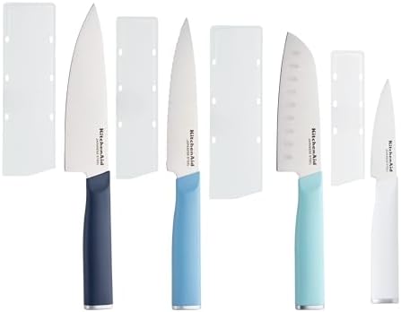 KitchenAid Chef Set with Custom-Fit Covers, Sharp Kitchen Knife, High-Carbon Japanese Stainless Steel Blade, 4 Piece, Multicolored
