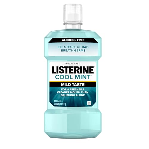 Listerine Mouthwash, Zero Alcohol, Germ Killing, Less Intense Formula, Bad Breath Treatment, Alcohol Free Mouth Wash for Adults; Cool Mint Flavor, 500 mL, 6 Pack