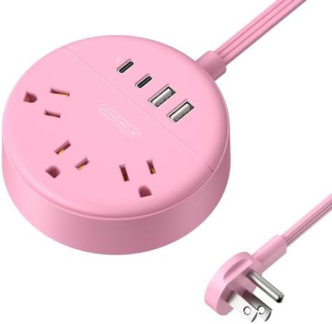 NTONPOWER Pink Power Strip, 5ft Extension Cord, 3 AC Outlets & 2 USB C & 2 USB A, Flat Extension Cord, Wall Mount, Flat Plug Power Strip for Home, Dorm, Vanity Desk, Nightstand, Women Travel Essential