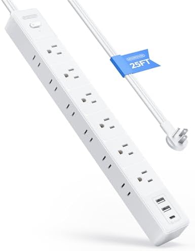 25 FT Long Surge Protector Power Strip, 14/3 Flat Extension Cord with 12 AC Outlets with 3 USB Ports, 1875W 15A 14 Gauge 3 Prong, 1080J, On-Off Switch, Mountable for Home Office Garage Workshop