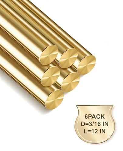 6-Pack Solid Brass Rods, 3/16 x 12 Inch Brass Rod, Premium Brass Round Stock, Precision-Cut with Polished Finish, Ideal for Knife Handle Pins, Machining, Crafts, and DIY Projects