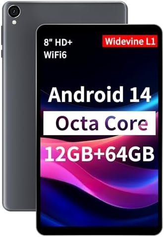 Android 14 Tablet 8 inch Tablets, 2025 Octa-Core Processor, 12GB RAM 64GB ROM 2TB Expand, WiFi 6, Dual 5MP+8MP Camera, BT5.4, 5100mAh Kids Tablets, Widevine L1, Performance Tablet, Gray