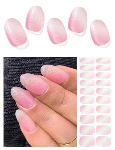 Semi Cured Gel Nail Strips (Glitter Pink Ombre)-20 PCS Clear Gel Nail Stickers | UV Light Required | Gel Nail Wraps, Salon Quality & Easy to Use