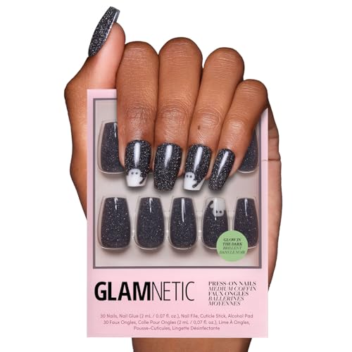 Glamnetic Press On Nails - Phantom Glow | Opaque Black Glitter & Glow-in-the-Dark Ghost Medium Coffin False Nails, Reusable Stick On Fake Nails with Glue | Salon Quality | 15 Sizes - 30 Nail Kit