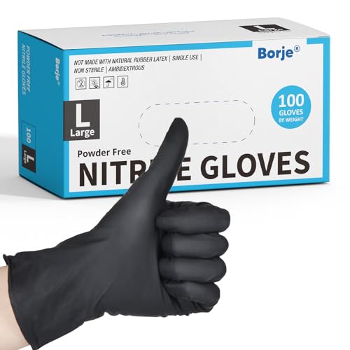Borje Black Nitrile Disposable Gloves, 4 Mil Medical Exam Gloves, Latex & Powder-Free, Food Safe, Textured Fingertips, Cleaning, Large, 100 Count