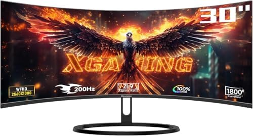 Curved Gaming Monitor - 30 Inch Ultra Wide, 200Hz WFHD, 1800R, 2560x1080p, 1ms, 100% sRGB, FreeSync, HDMI DP Display, Dual Speakers, VESA, PC Screen with Rainbow Lights