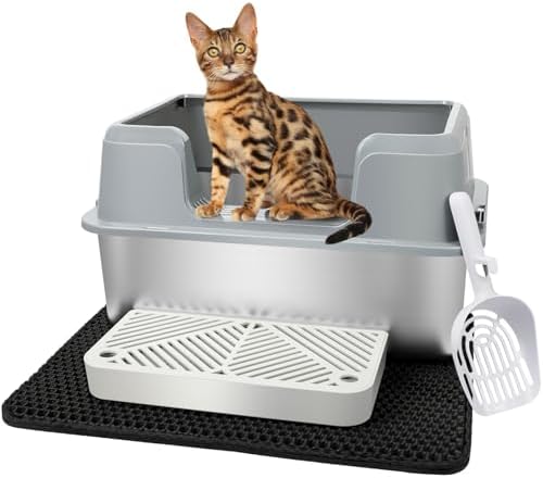 Vivifying Stainless Steel Cat Litter Box, Large Semi-Enclosed Litter Box with Lid, Anti-Leakage Metal Pan for Easy Cleaning & Odor Control (Gray)