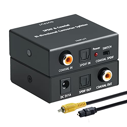 Optical-to-Coaxial or Coax-to-Optical Digital Audio Converter Adapter, Bi-Directional Digital Coaxial to/from SPDIF Optical (Toslink) Audio Converter with Fiber Optic and Coaxial Cable by ROOFULL