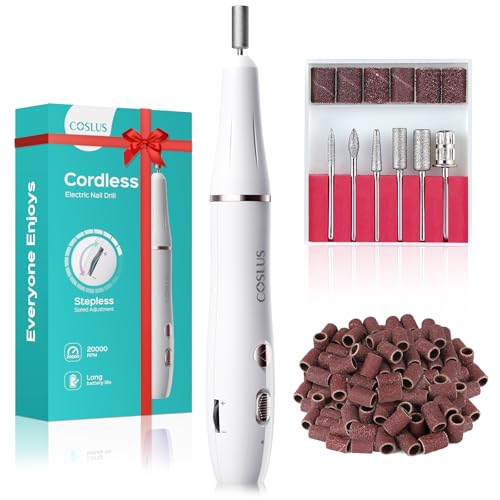 Cordless Electric Nail Drill File: COSLUS Nail Drill Machine with Stepless Speed Knob for Acrylic Gel Dip Powder Polish, Professional Portable Manicure Pedicure Kit Rechargeable for Home Salon Use