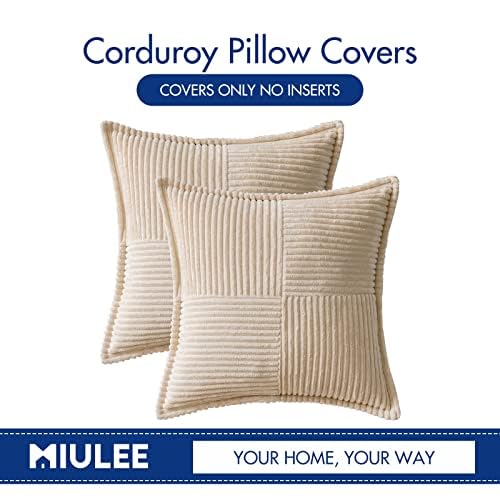 MIULEE Corduroy Pillow Covers with Splicing Set of 2 Super Soft Boho Striped Christmas Pillow Covers Broadside Decorative Textured Throw Pillows for Couch Cushion Livingroom 26x26 inch, Beige