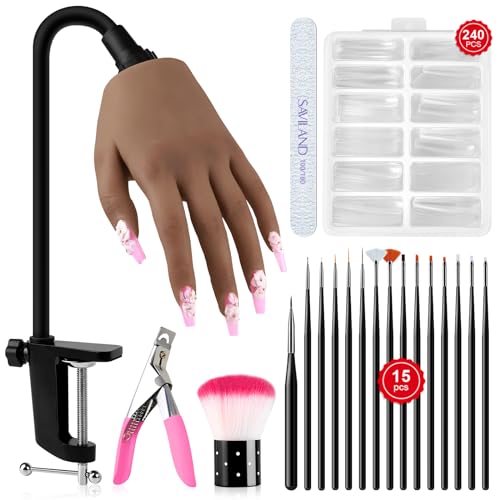 Saviland Practice Hand for Acrylic Nails: Liquid Silicone Rubber Practice Nail Hand Flexible Nail Hand Practice Realistic Mannequin Hand for Acrylic Nails 240 Nail Tips for Beginners Nail Training