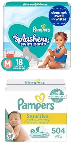 Pampers Splashers Swim Diapers - Size M, 18 Count, Gap-Free Disposable Baby Swim Pants + Pampers Sensitive Baby Wipes, Water Based, Hypoallergenic and Unscented, 6 Flip-Top Packs (504 Wipes Total)