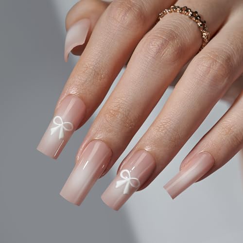 BTArtbox Press On Nails Long - Pink Press On Nails with Ombre Center, Cute Bowknot Design Fake Nails with Nail Glue, Fit Perfectly & Natural Reusable Stick On Nails in 15 Sizes, Bowknot