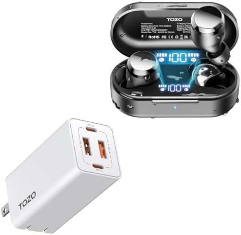 TOZO T12 (Compact Ergonomic Edition) Wireless Earbuds C2 USB C 65W Fast Foldable Wall Charger PD Power Adapter White