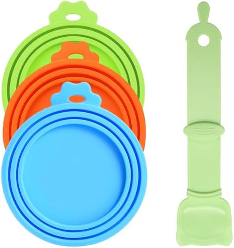 3 Pcs Cat Food Can Covers Lids, 1 Pcs Cat Treats Feeder, Universal Size Pet Food Can Lids, Fit 3 Standard Pet Food Cans, Squeezable Creamy Purée Cat Treat Spoon, Green/Blue/Orange Lids, Green Feeder