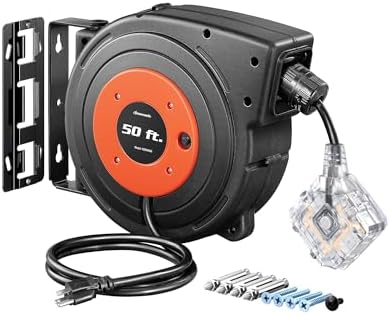 DEWENWILS 50 FT Retractable Extension Cord Reel, 14/3C SJTOW Heavy Duty Power Cord with New Twist-Lock Stopper, 6 Grounded Outlets, Lighted Triple Tap, 13A Circuit Breaker, ETL Listed