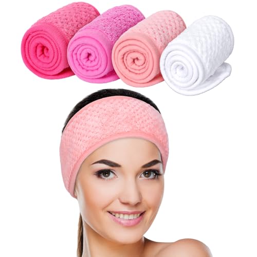 Whaline 4 Pack Spa Facial Headband Makeup Hair Wrap Adjustable Hair Band Soft Towel Head Band for Face Washing Shower Sports Yoga (White, Pink, Peach Pink, Hot Pink)