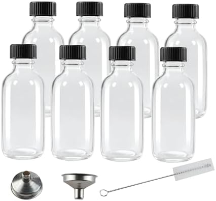 8 Pack 2 oz Glass Shot Bottles with Caps,60ml Clear Round Small Glass Ginger Shot Bottles With Lids, Mini Travel Essential Bottles Suitable for DIY Juice,Potion,Whiskey and Other Drinks