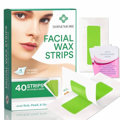 ShineMore Facial Wax Strips for hair removal - Hypoallergenic for All Skin Types - - Gentle and Fast-Working for Face, Eyebrow, Upper Lip, and Chin (40 Women Wax Strips + 4 Calming Oil Wipes NATURE NATION Ingredients )