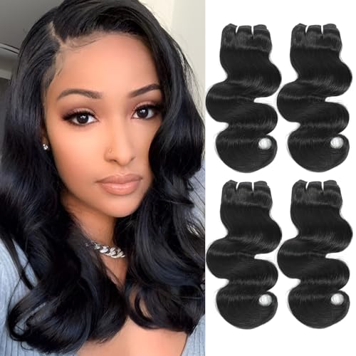 Body Wave Bundles Human Hair 4 Bundles 14 16 Inch 12A Human Hair Bundles 100% Unprocessed Brazilian Virgin Hair Weave Bundles Human Hair Natural Black Deals for Women (14/14/16/16 Inch, 4 Bundles)