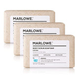 MARLOWE. No. 102 Men's Body Scrub Soap 7 oz (3 Bars) Fresh Original Woodsy Scent, Best Exfoliating Bar for Men, Natural Ingredients, Apricot Seed Powder, Shea Butter, Olive Oil, Green Tea Extracts