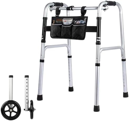 Lightweight Folding Walker for Seniors - 8-Level Height Adjustable Walker with Small Storage Bag, Elderly Walkers with Removable Wheels, Portable Walkers for Senior, 2 Wheels with Bearings, Silver