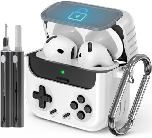 【with Locking】 Inesore for Airpods 4 Case 2024 with Cleaner Kit,Compatible with Airpods 4 with Active Noise Cancellation Case,Classic Cool Funny Game Console Hard Protective Case for Men Boy(White)