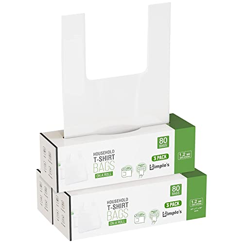 Simple's Plastic Bags with Handles For Small Business, (3 Pack=240 Bags) Shopping Bag, Plastic Bag Grocery, Plastic T Shirts Bags, Bag Dispenser Roll - Measures 12"x7"x22", 1.2 Mil Thickness