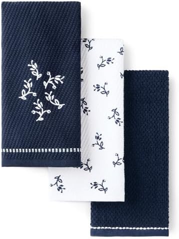 KitchenAid Vintage Florals Collector Series Embroidered Kitchen Towel 3-Pack Set, Absorbent 100% Cotton, Dual-Purpose, Ink Blue, 18"x28"