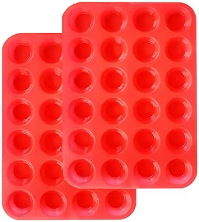 Mini Muffin &Cupcake Set, 24 Cups 2-Pieces, Nonstick Silicone Baking Pan, BPA Free and Dishwasher Safe, Great for Making Muffin Cakes, Tart, Bread (24 Cups Red,2 PCS)
