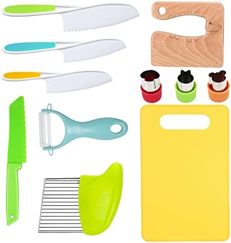 RISICULIS 11 Pieces Wooden Kids Kitchen Knife, Kids Knife Set Include Wood Kids Knife, Serrated Edges Plastic Toddler Knife, Crinkle Cutter, Sandwich Cutter, Y Peeler, Cutting Board