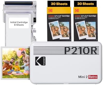 KODAK Mini 2 Retro 4PASS Portable Photo Printer (2.1x3.4 inches) Initial 8 Sheets + 60 Sheets Bundle, White