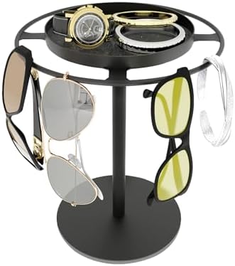 LSK Metal Sunglasses Organizer, Glasses Holder Stand with Storgae Tray, Eyeglasses Holder with Anti-Slip Pads for Tabletop, Desk, Dresser, Matte Black