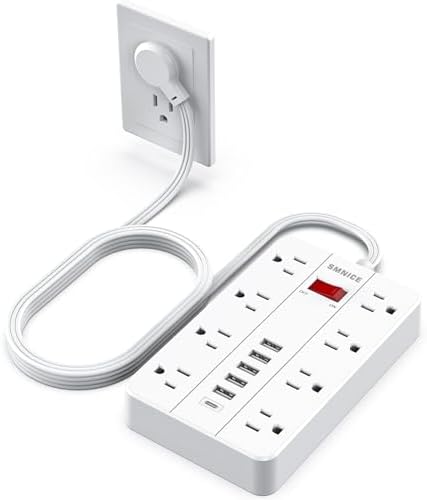 Power Strip with USB,Surge Protector Flat Plug with 8 Widely Spaced Outlets and 6 USB Ports(1 USB C), 5ft Extension Cord Wall Mountable Phone Tablet Laptop Computer Multiple Devices