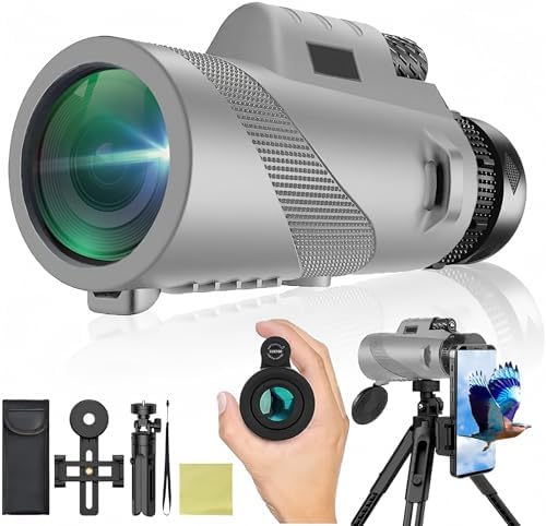 80x100 Monocular Telescope High Power Monocular for Adults with Smartphone Adapter, HD Compact Monocular BAK-4 Prism for Bird Watching, Camping, Hunting, Hiking, grey-d
