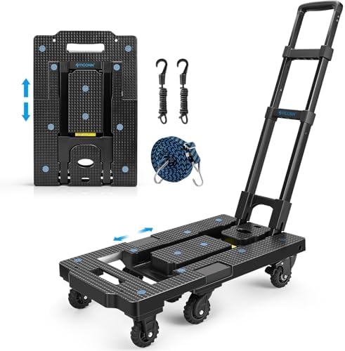 TICONN 330LB Folding Hand Truck Dolly, Portable Heavy Duty Dolly Cart with 7 Tank Wheels, Lightweight Luggage Moving Cart with 2 Brake Wheels for Moving, Shopping, Travel, Office
