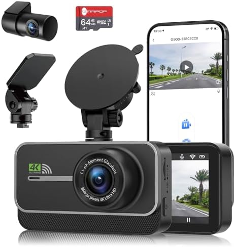 Dash Cam Front and Rear,4K+1080P WiFi Dual Dash Camera for Cars with App, 3" IPS Dashboard Camera Recorder,Night Vision,24H/7 Parking Mode, Loop Recording,170° Wide Angle,Free 64GB SD Card