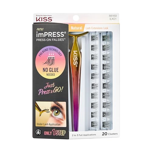 KISS imPRESS Falsies False Eyelashes, Lash Clusters, 'Natural', 12 mm, Includes 20 Clusters, 1 applicator, Contact Lens Friendly, Easy to Apply, Reusable Strip Lashes