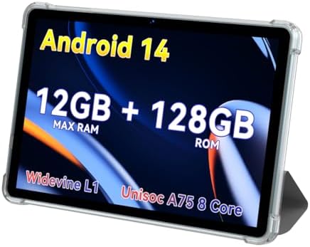 Android 14 Tablets,Unisoc A75 8 Core CPU.10 Inch Tablet.12GB RAM+128GB ROM(TF 1TB).Widevine L1 1280x800 IPS HD Touch Screen, 6000mAh, Three Cameras.Android Tablet with Bluetooth 5.0, WiFi