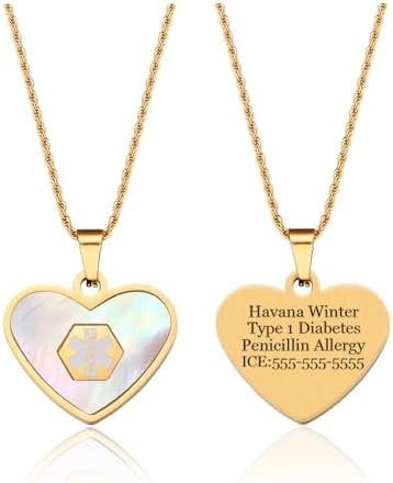 Medical Alert Necklace for Women Shell & Gold-Tone Stainless Steel Emergency ID Tag Pendant Necklace for Girls Custom Engraved Medical Alert Jewelry