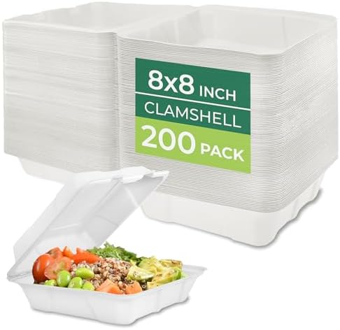 Freshware Clamshell Food Containers with Lids [8x8 200-Pack] Disposable To Go Containers, Biodegradable Sugarcane To Go Boxes - Paper Containers - Microwave & Freezer Safe, Stackable