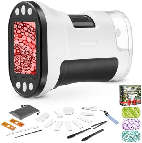 Microscope for Kids, 1000X Portable Pocket Microscope Miniscope, with 2” LCD Screen Handheld Kids Microscope,Adjustable LED, 600mAh Battery, USB to PC,32G SD Card, for Kids 8-12-White