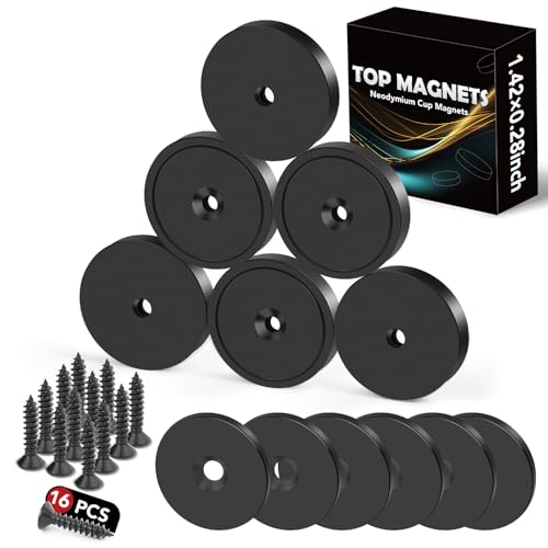 150LBS Waterproof Neodymium Magnets, Strong Magnets Heavy Duty with Screws and Iron Sheets, Round Base Cup Magnet with Countersunk Hole for Wall Mounting, Tools Hanging, etc - Black 6Pcs