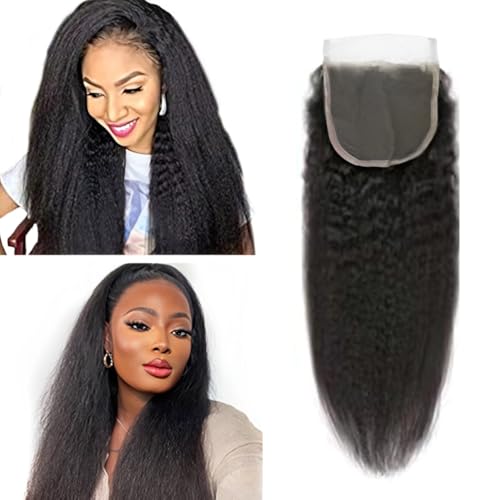 Selina Lace Closure Kinky Straight 4x4 Lace Closure Hd Lace Closure Kinky Straight Human Hair Free Part Lace Closure Hair Natural Color Black(8inch Kinky Straight, 4x4)