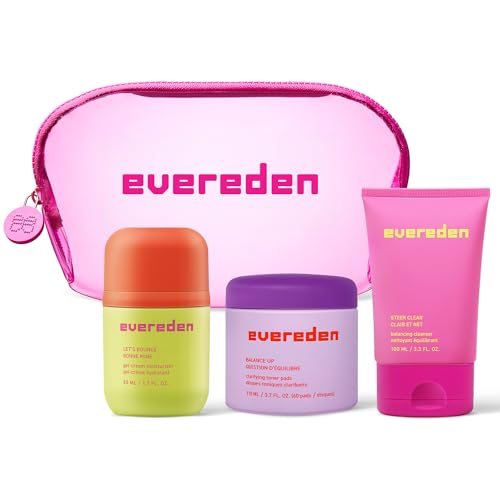 Evereden Preppy Skincare Collection with Triple Green Tea: Teen Skincare Steer Clear Balancing Jelly Cleanser Teen Face Wash, Let's Bounce Gel-Cream Moisturizer, & Balance Up Toner Pads for Face
